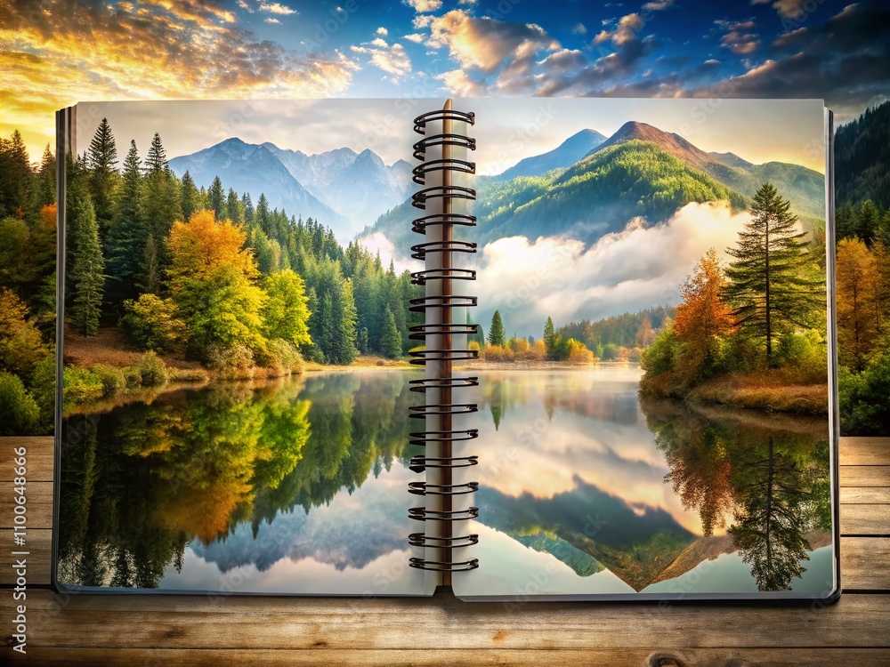 Poster double exposure photography of a notebook page with margin and lines overlaid with nature scenes for