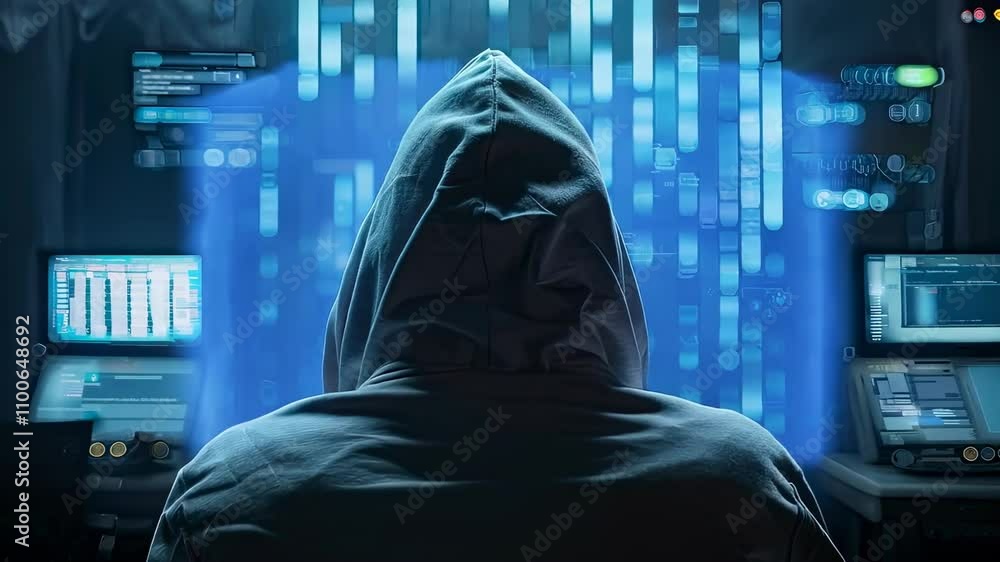 Poster mysterious hacker in a dark room with glowing screens