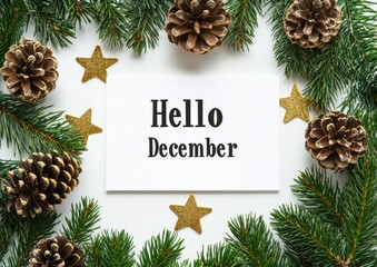 Layered evergreen branches with pine cones and golden stars, text "Hello December" Generative AI