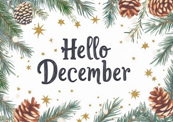 white card with "Hello December" The word is written in cursive letters on a blank white background surrounded by pine branches, gold stars, conifer cones, and glittering green leaves Generative AI