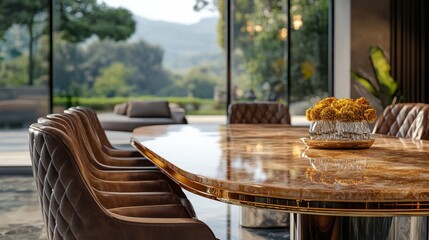 Fototapeta premium Luxurious dining room with marble table, leather chairs, and scenic view.