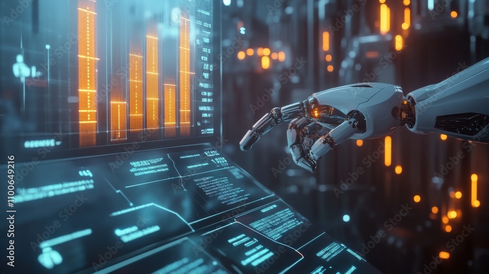 Poster futuristic robot hand interacting with digital data interface
