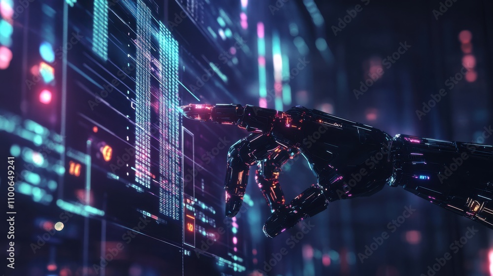 Poster futuristic robot hand interacting with digital data interface
