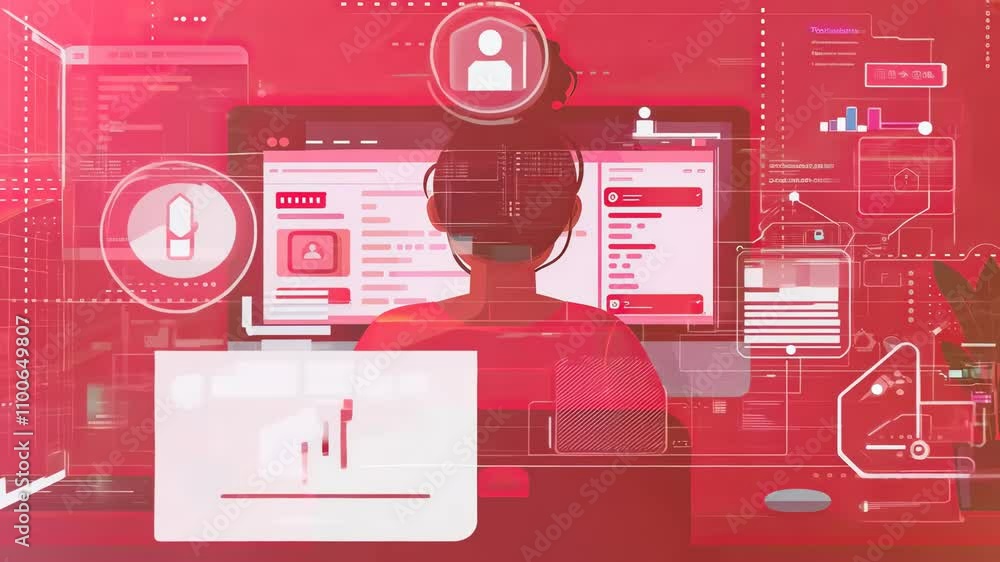 Poster digital security concept with woman using computer in vibrant environment