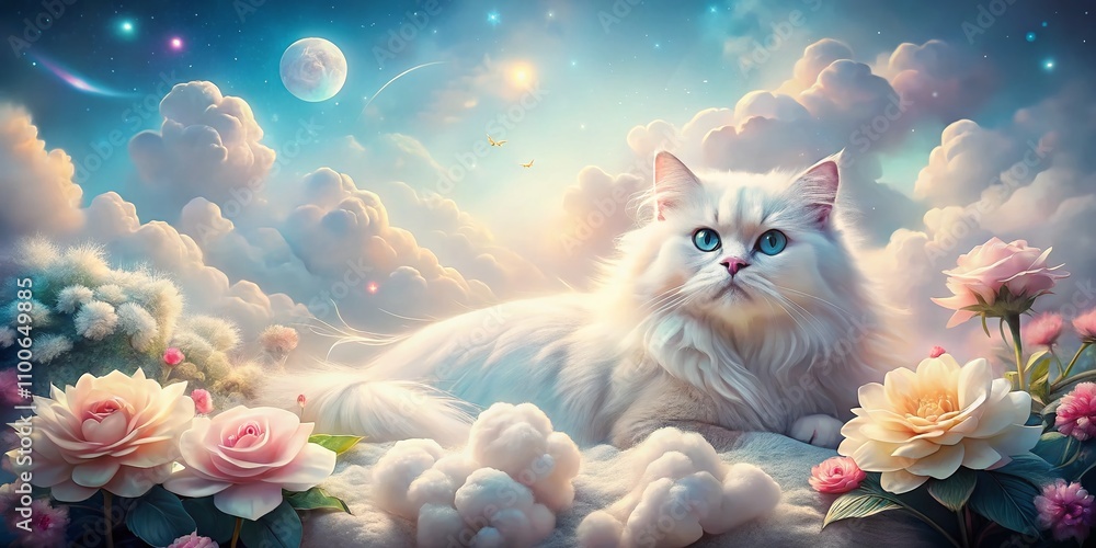 Poster dreamy surreal scene of a white persian cat nestled on a bed surrounded by floating clouds and whims