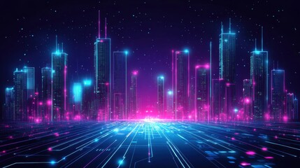 Fototapeta premium Futuristic Cityscape at Night with Neon Lights and Digital Elements