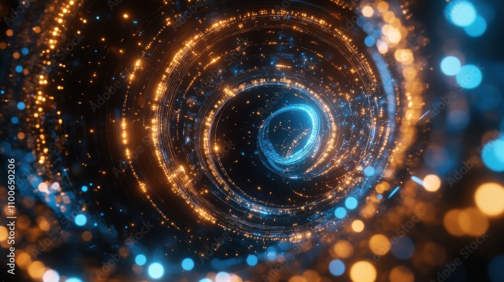 Poster abstract spiral of glowing particles in deep space visualization