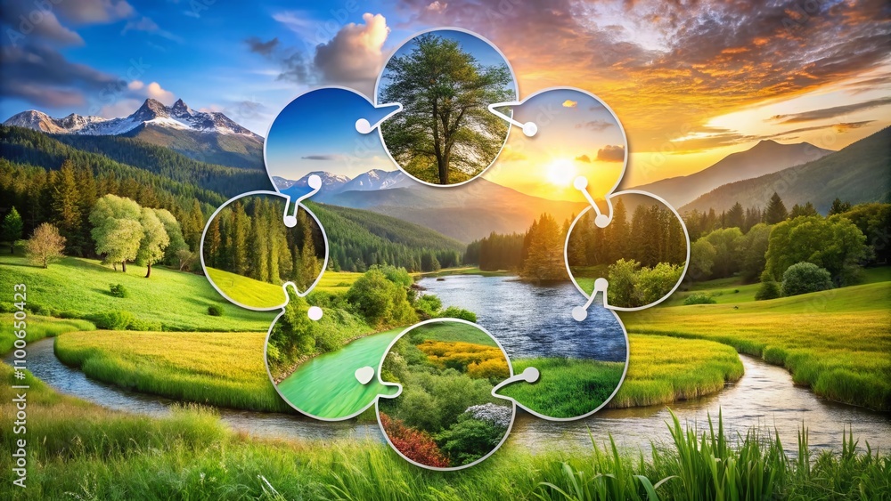 Poster dynamic business infographic with circular arrows representing a 6-step process in a nature-inspired