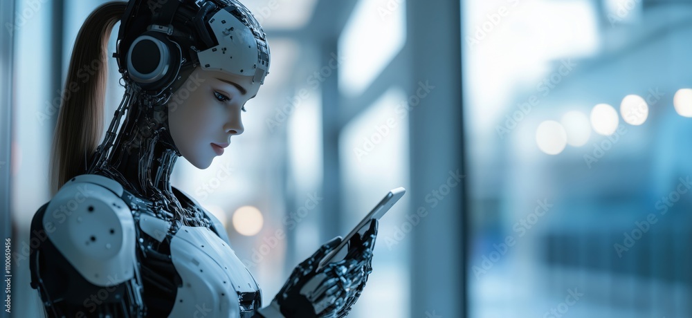 Poster robot using smartphone, futuristic humanoid design, sleek metallic features, focused expression, mod