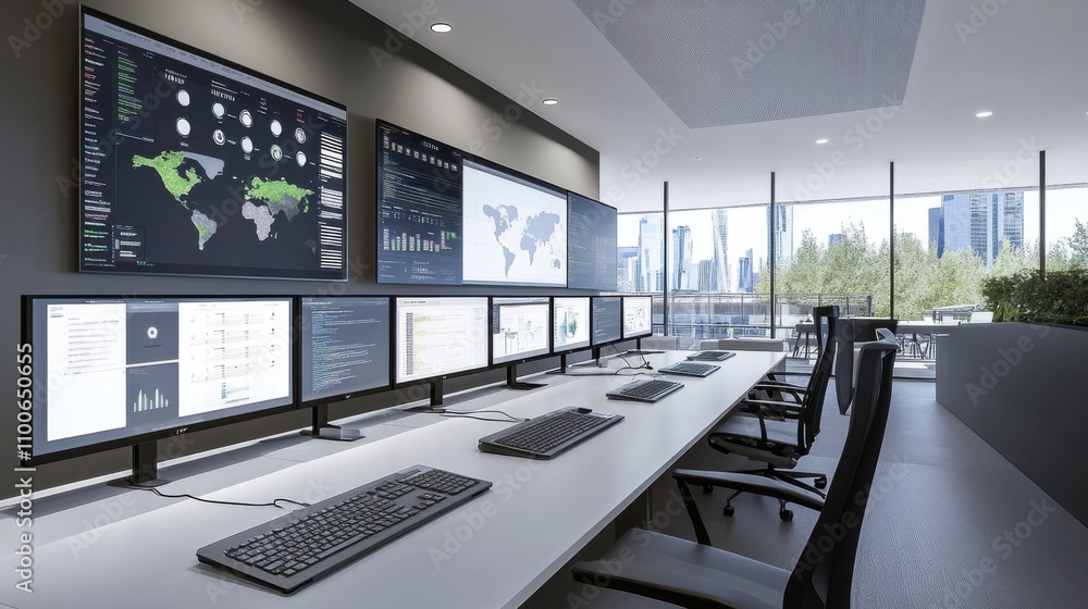 Poster modern office workspace with multiple monitors and urban views
