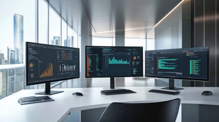 Fototapeta premium Modern Office Workspace with Three Monitors Displaying Data Analytics