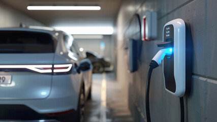 Fototapeta premium Electric Vehicle Charging in Home Garage with Modern Charger