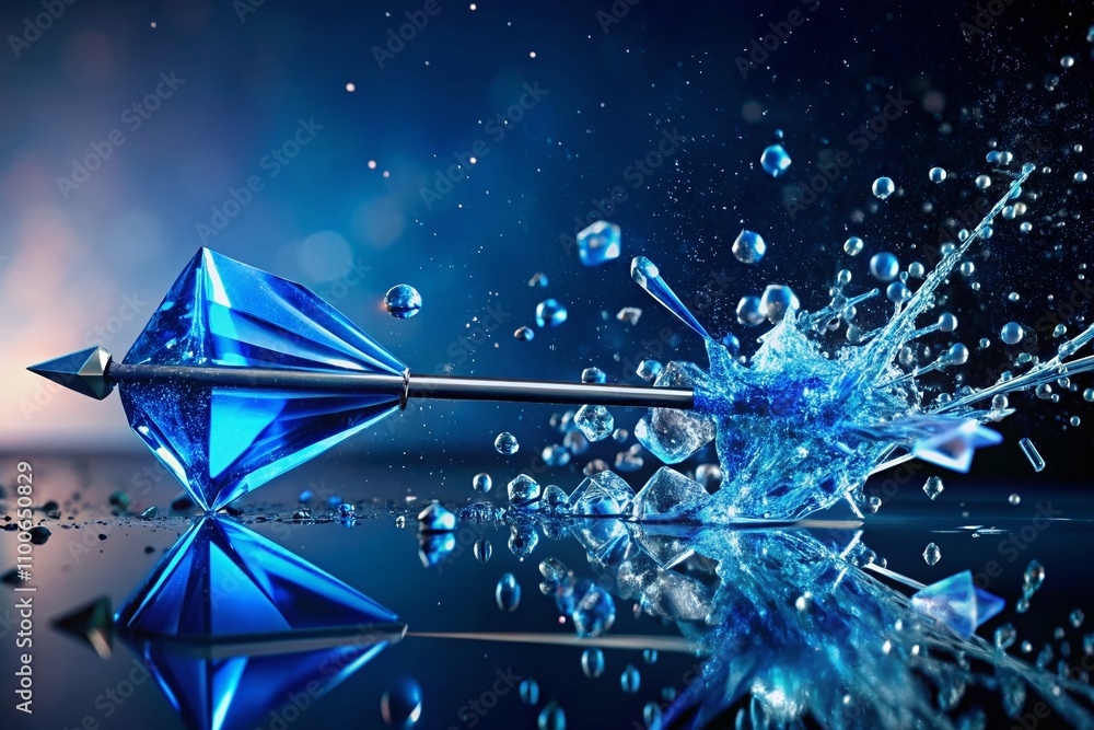 Poster dynamic macro photography of a shiny blue 3d arrow crashing through a transparent surface, capturing