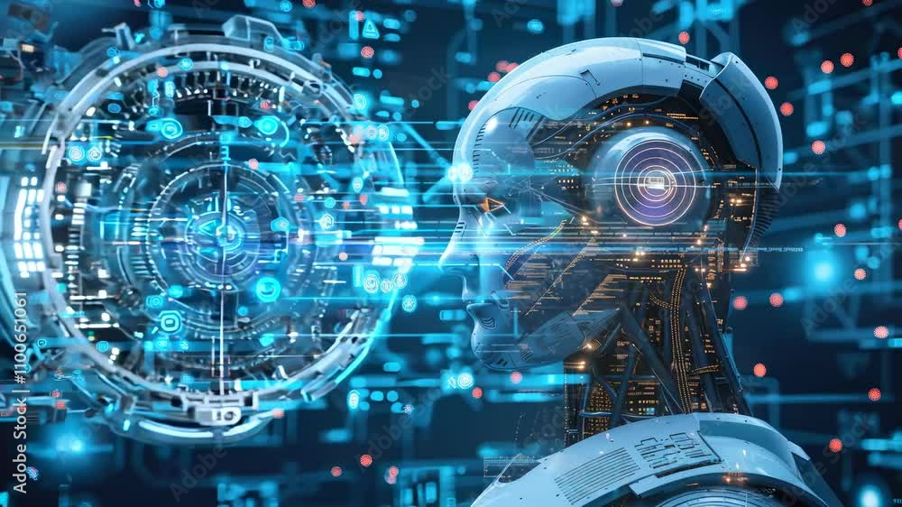 Poster futuristic robotic head with high-tech circuitry background in vibrant colors