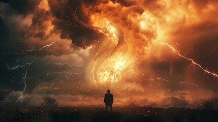 A solitary figure standing in a dramatic landscape, observing a fierce storm with swirling clouds and fiery explosions in the sky. Nature's power unleashed concept.