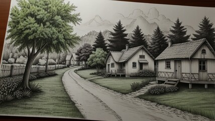 Fototapeta premium Serene grayscale drawing of a quaint village nestled in a mountain valley, showcasing charming houses, lush greenery, and a winding road.
