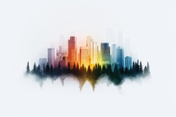 Fototapeta premium Vibrant City Skyline Surrounded by Lush Green Forest in a Dreamy Colorful Atmosphere