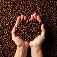 Loving coffee: Hands cupping heart-shaped coffee beans