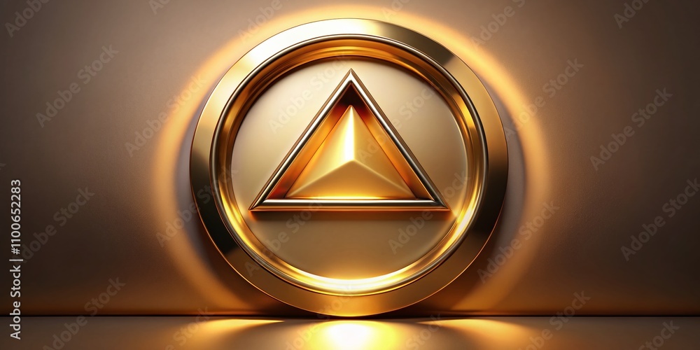 Poster elegant 3d gold triangle button with frame for empty emblem design, glossy and luxurious appearance,