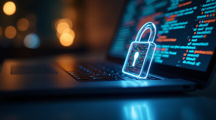 laptop with glowing lock Secure operations in the cloud protect digital privacy through SSL encryption, managing password protections and privacy settings for comprehensive security.