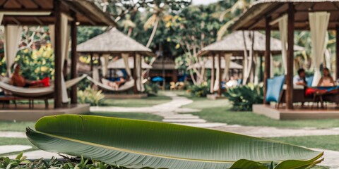 A serene tropical retreat featuring thatched-roof gazebos and hammocks, surrounded by lush greenery and vibrant plants, with people relaxing in the background.