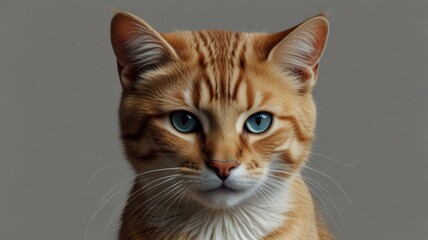 Obraz premium Close-up portrait of a ginger cat with bright blue eyes against a grey background.