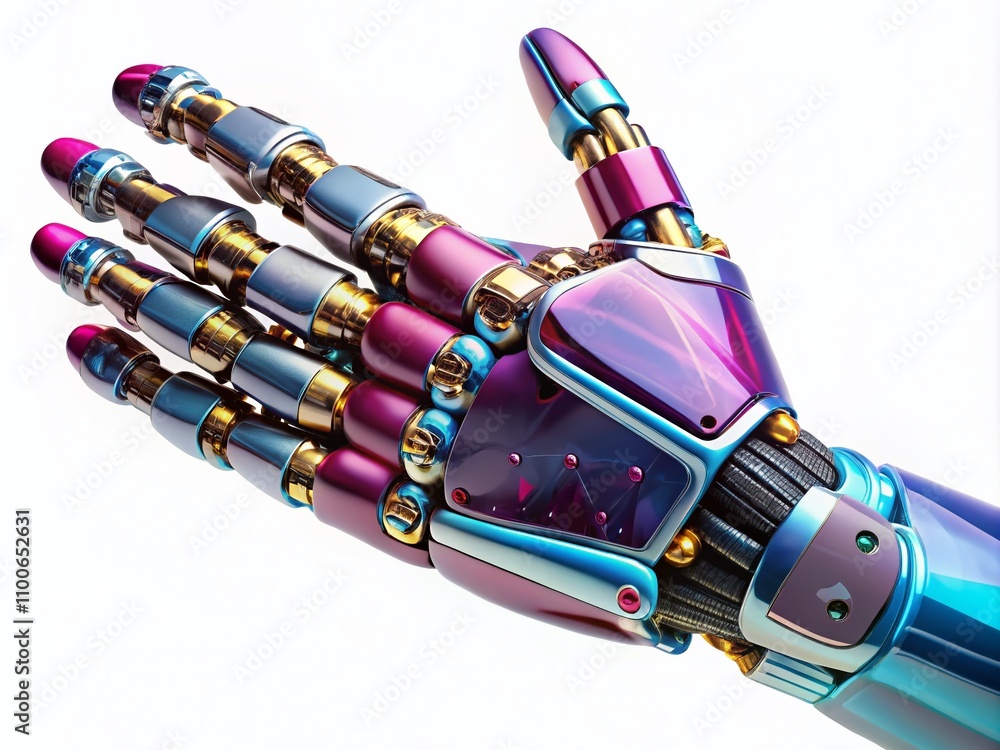 Poster elegant android robotic hand with bionic fingers isolated on white background capturing the future o