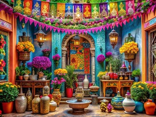 Fototapeta premium Elegant Architectural Display of Borders, Garlands, Jars, Bottles, Flowers, Flags, and Lamps Showcasing a Harmonious Blend of Design and Nature in a Captivating Setting