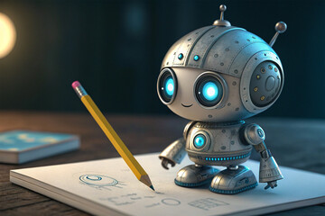 Fototapeta premium robot with pencil AI Copywriting automatic write bot, Artificial Intelligence Copywriter bot using chatgpt by open ai for content writing holding pencil