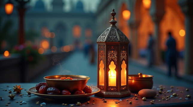 Lantern with a candle and datte plate at Ramadan night bokeh blur background Muslim decoration. Seamless looping time-lapse virtual 4k video animation .