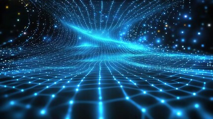 Abstract Blue Digital Landscape with Network Grid and Stars