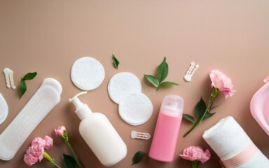 productos de higiene femenina sobre fondo neutro, concepto de cuidado femenino, mujeres saludables, vista superior, copy space