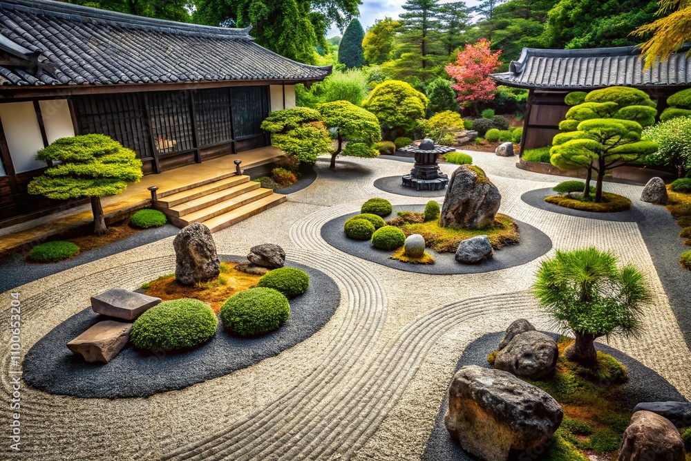 Poster elegant black and gold japanese stone garden design sketch with tilt-shift photography effect featur
