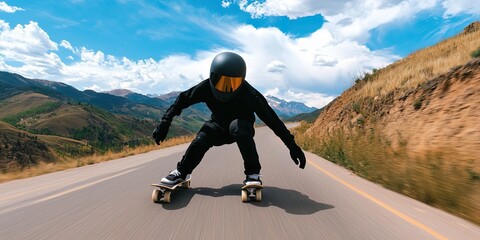 Obraz premium Extreme sport adventure sportsmanship concept. A skateboarder performs a downhill maneuver on a scenic road, showcasing skill against a backdrop of mountains and blue skies.