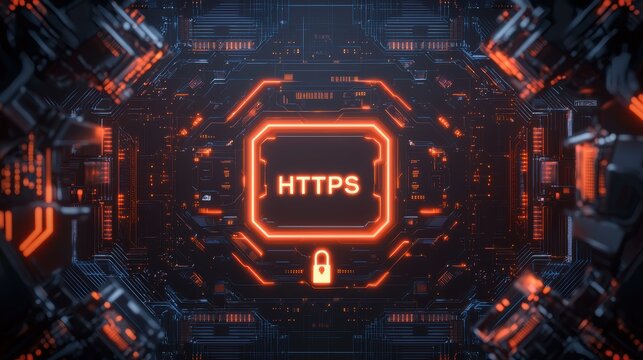 SSL Certificate Integrity Concept Digital illustration of HTTPS in a secure cyber environment.