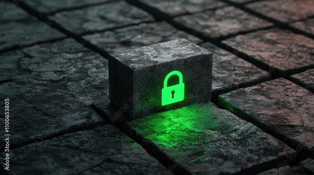 Poster ssl certificate integrity concept digital padlock on a stone surface with green glow effect.