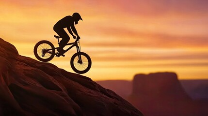 Obraz premium A silhouette of a mountain biker riding on rocky terrain during a breathtaking sunset, showcasing adventure and outdoor sports.