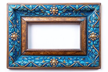 Elegant Blue Patterned Frame with Bronze Edging for Photos, Text or Artwork Display on a Clean White Background, Ideal for Showcasing Memories or Creative Works
