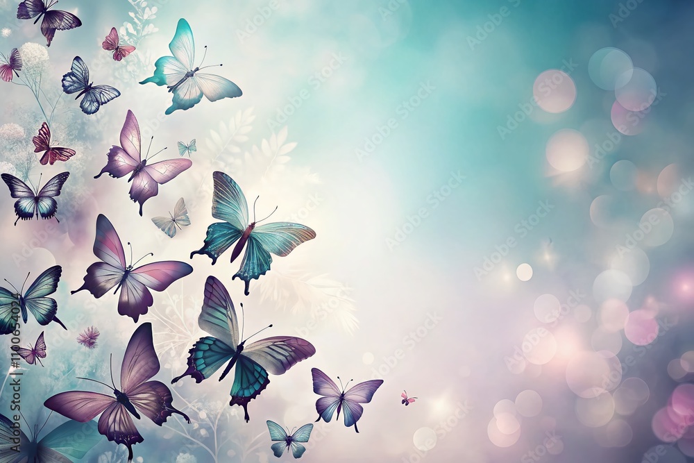 Poster elegant butterflies silhouette set against a soft gradient background with ample copy space for crea