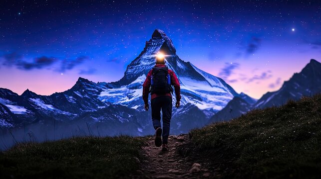 A solitary hiker climbs a mountain at dusk, illuminated against a stunning backdrop of stars and peaks, embodying adventure and exploration.