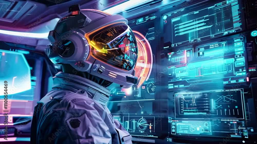 Poster futuristic astronaut exploring advanced technology in a high-tech environment
