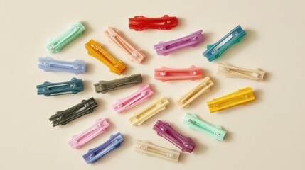 Colorful Plastic Hair Clips Arranged on Neutral Background