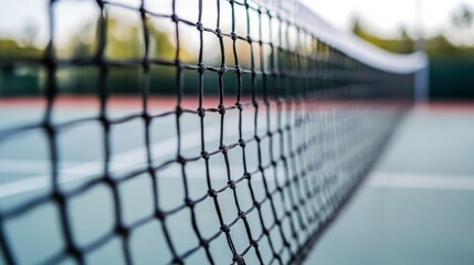 A tennis court net with a focus on the netting and posts, outdoor setting on a sunny day, Minimalist style