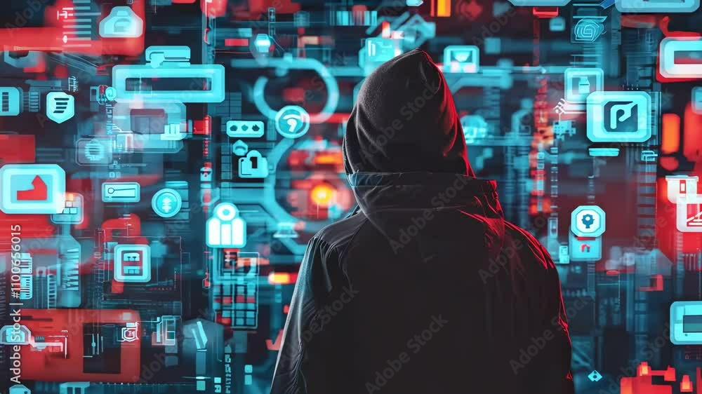 Poster mysterious figure against digital background with abstract data visuals