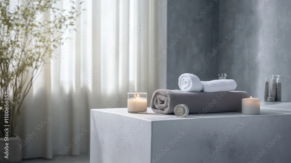 Poster serene spa setting with candles and rolled towels on countertop
