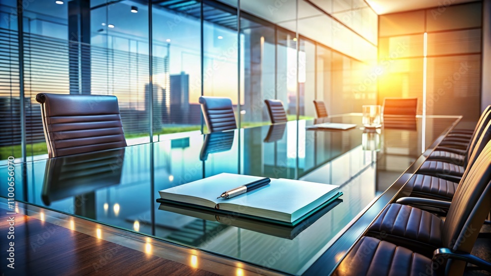 Poster elegant glass conference table with notebook and pen under soft overhead lighting for professional w