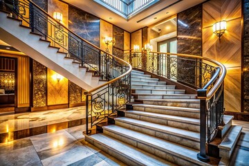 Fototapeta premium Elegant Geometric Staircase in Luxurious Modern Interior Featuring Striking Marble and Metal Accents for a Grand Sophisticated and Minimalist Architectural Design