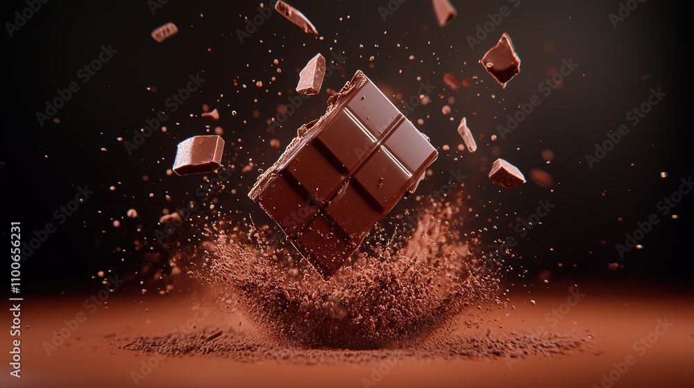 Poster floating chocolate blocks surrounded by cocoa powder explosion