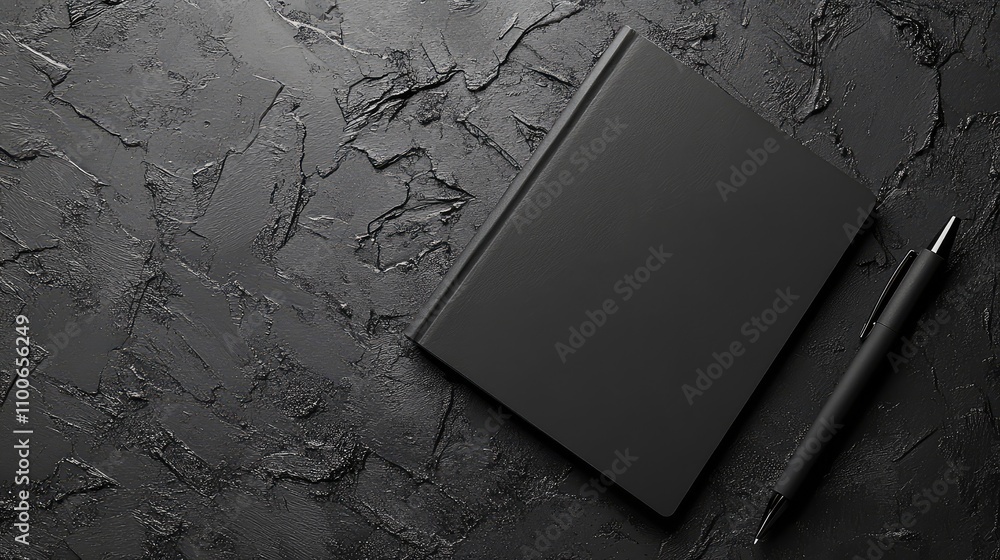 Poster black notebook and pen on dark textured background with shadows