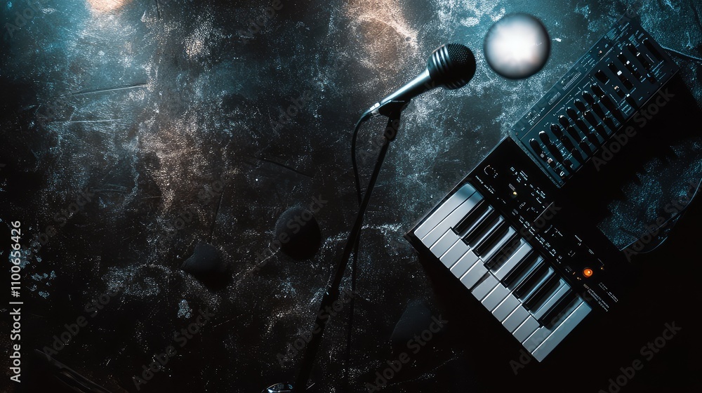 Poster dark studio setup with microphone and keyboard instruments